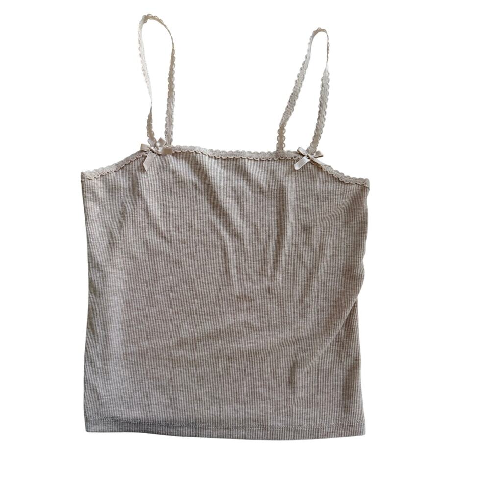 American Eagle Womens Cami XS Oatmeal Ribbed Lace Trim Bow Y2K Tank Top